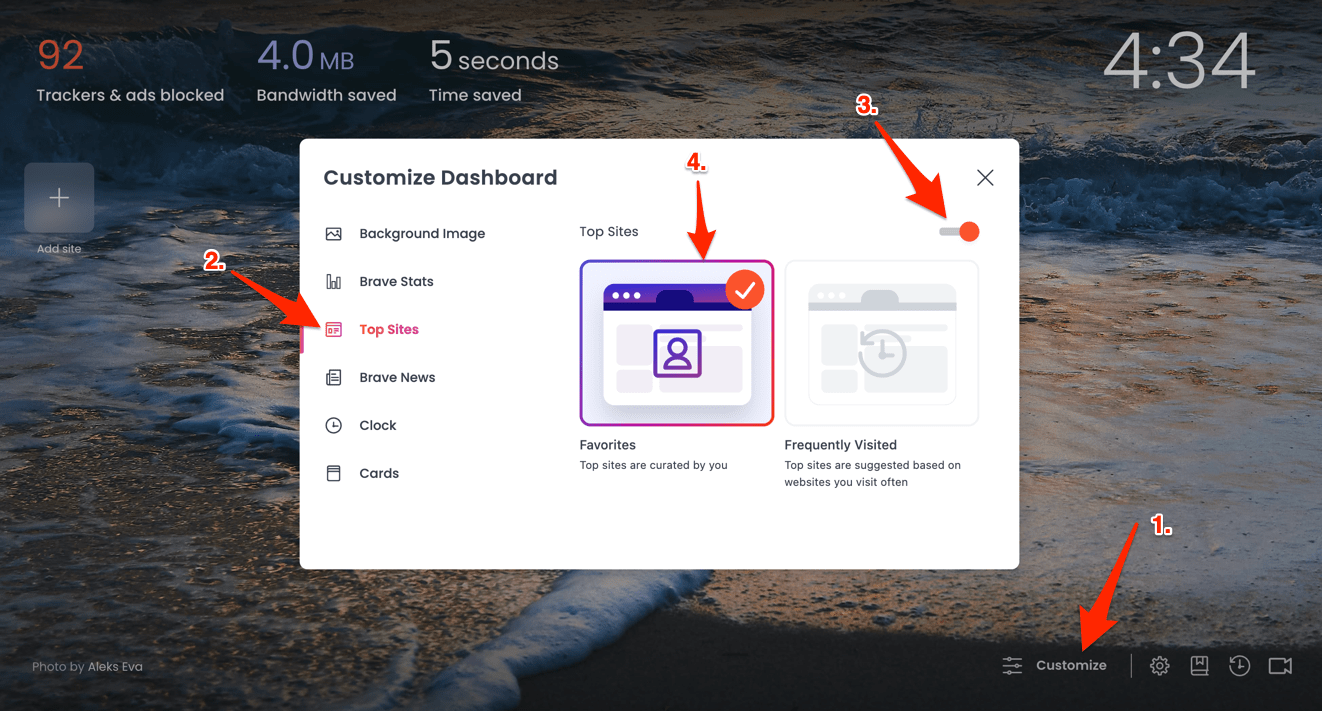 Customize the Top Sites on Brave browser Start page