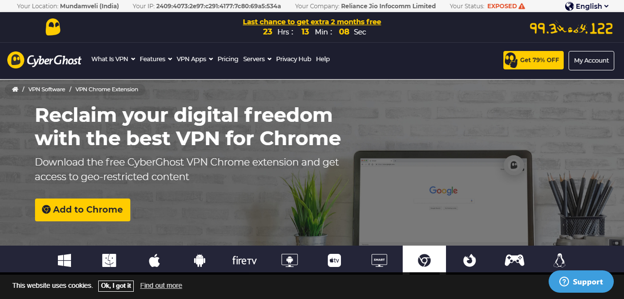 CyberGhost VPN service homepage add to chrome