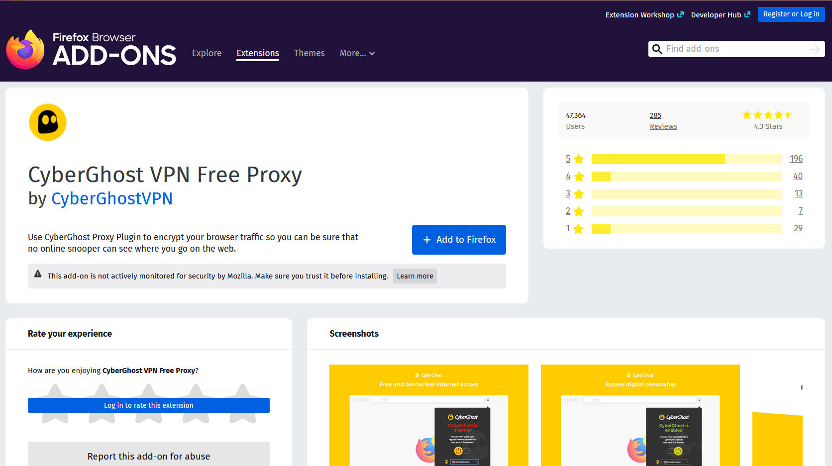 CyberGhost VPN Free Proxy Firefox Add-on