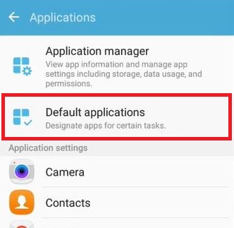 Default applications menu in Samsung Phone Settings
