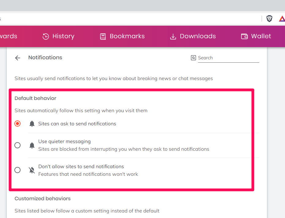 Default Notification Behavior settings on Brave Browser