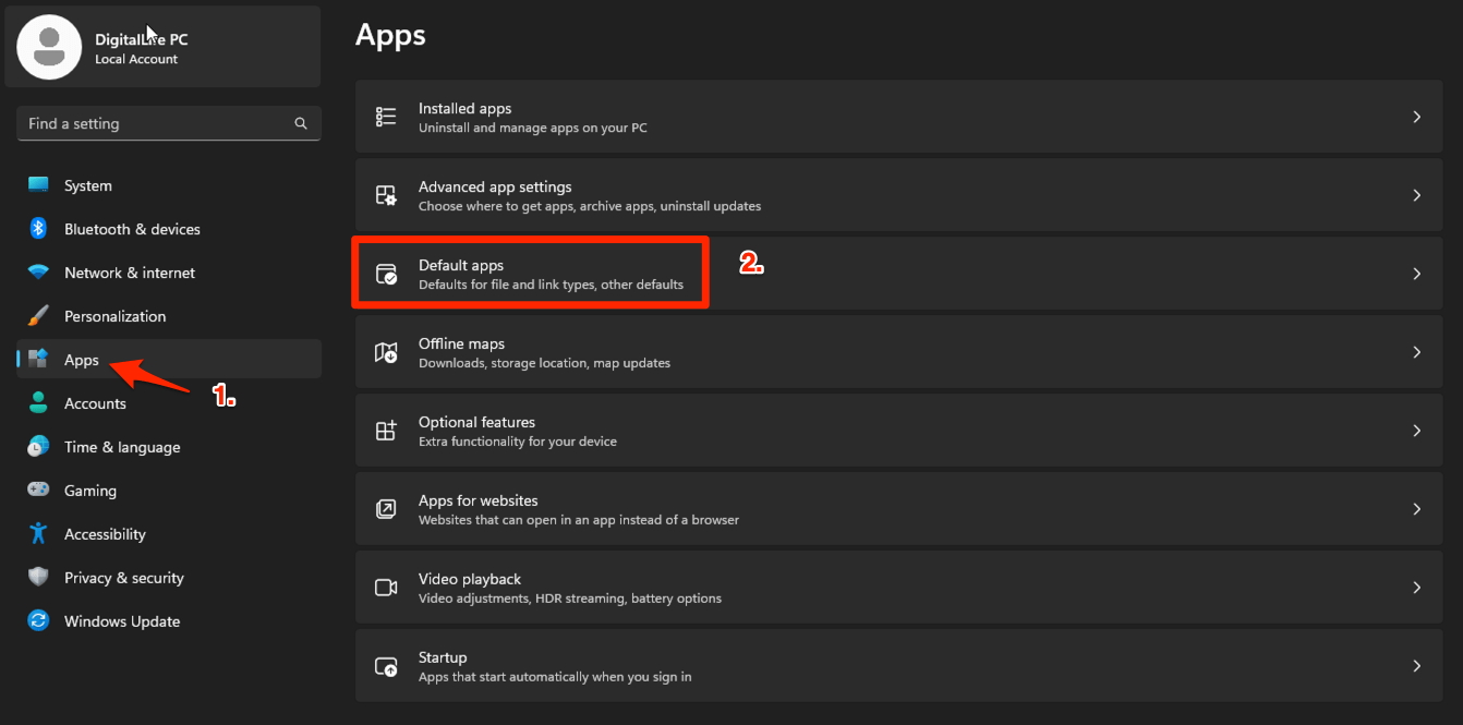 Default apps settings under Apps menu on Windows PC