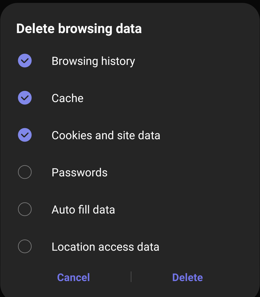 Delete browsing data - History Cookies and Cache from Samsung Internet