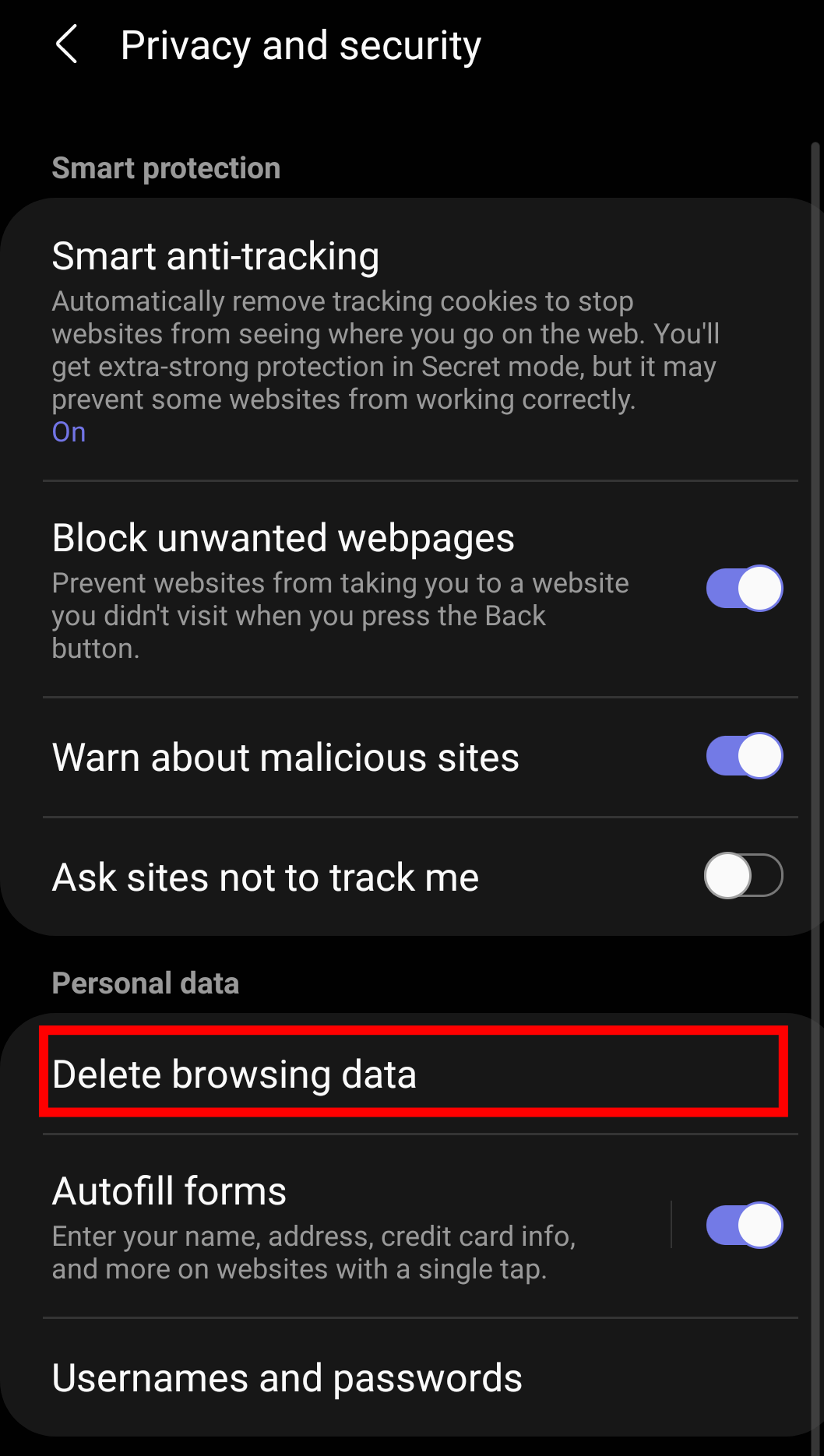 Delete browsing data menu option on Samsung Internet