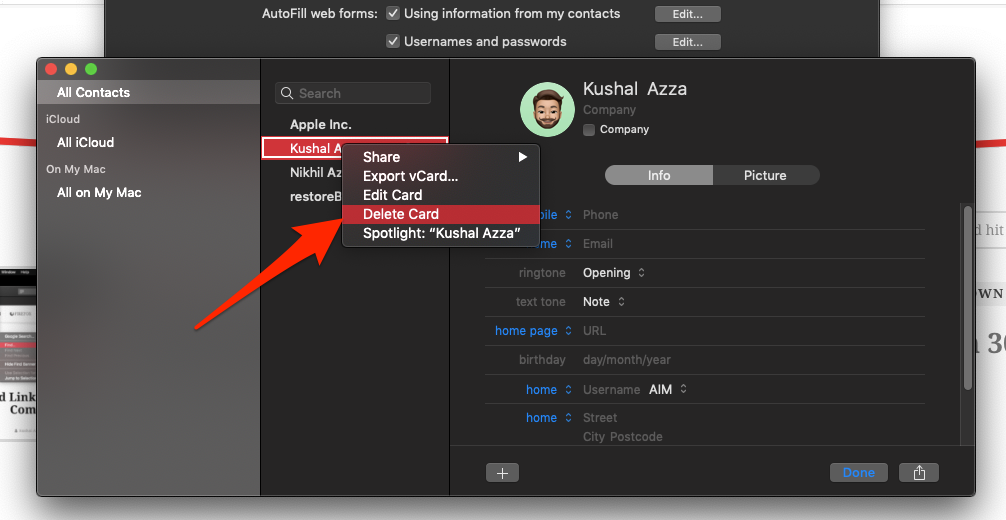 Delete Contact and Address for Autofill in Safari Mac