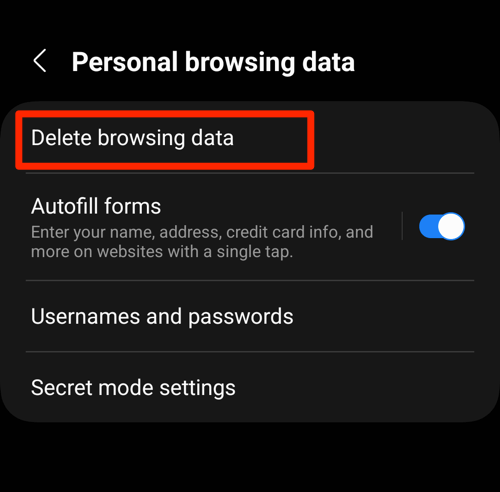 Delete browsing data option menu in Samsung Internet