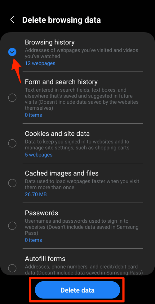 Delete browsing history data from the Samsung Internet browser