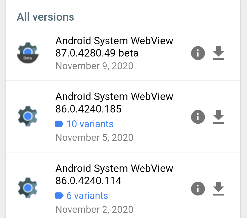 Different versions of Android WebView on APK Site