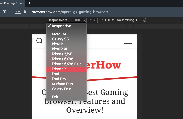 Different device make and model for Mobile Site View on Opera Browser developer mode