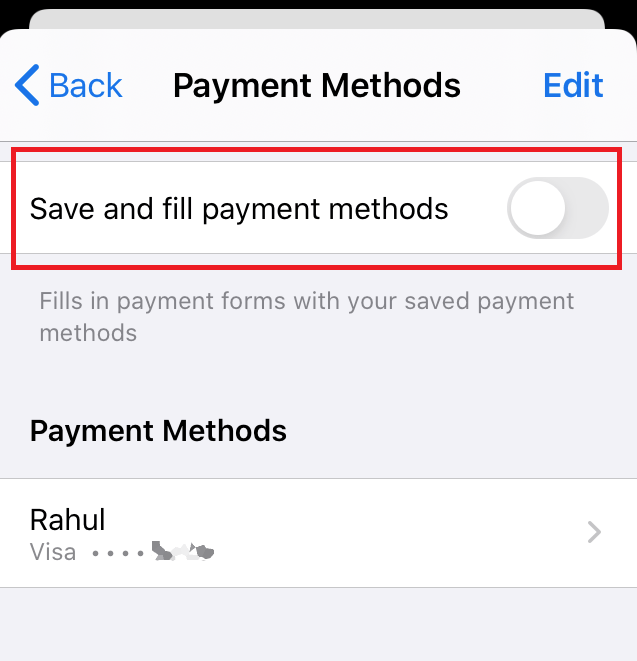 Disable Autofill Card Payment Method in Chrome iOS