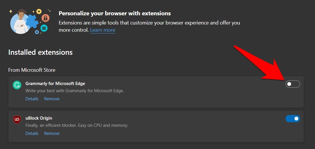 Disable Edge Browser Extensions