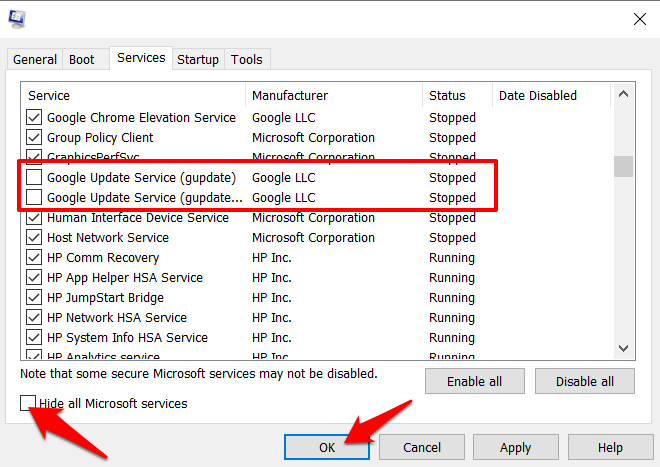 Disable Google Update Service from Microsoft Configuration settings