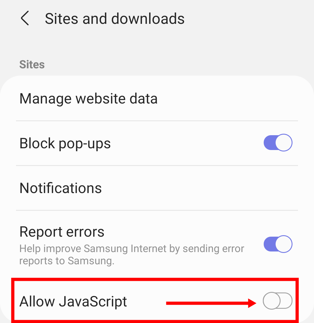 Disable JavaScript for sites in Samsung Internet