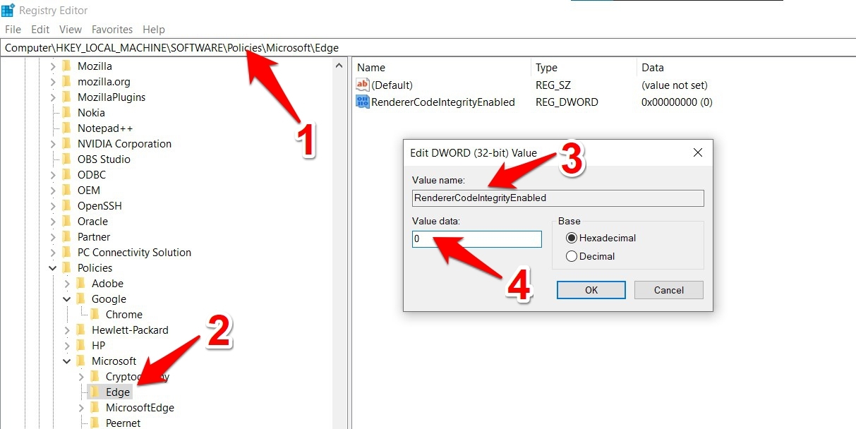 Disable Renderer Code Integrity in Microsoft Edge Manually in Registry Editor