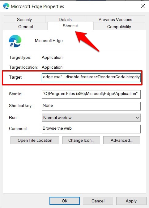 Disable Renderer Code Integrity in Microsoft Edge