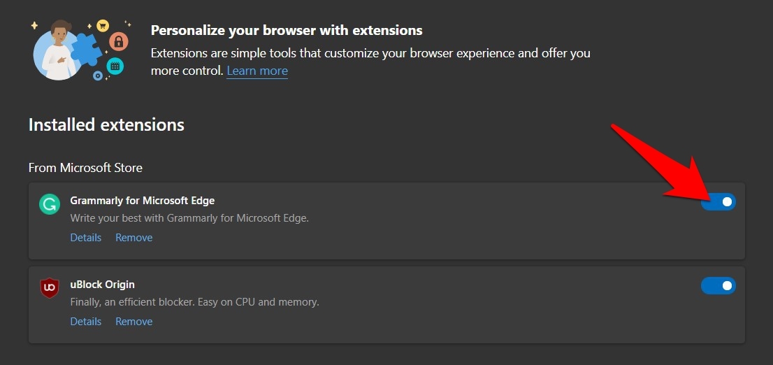 Disable the Edge browser extensions
