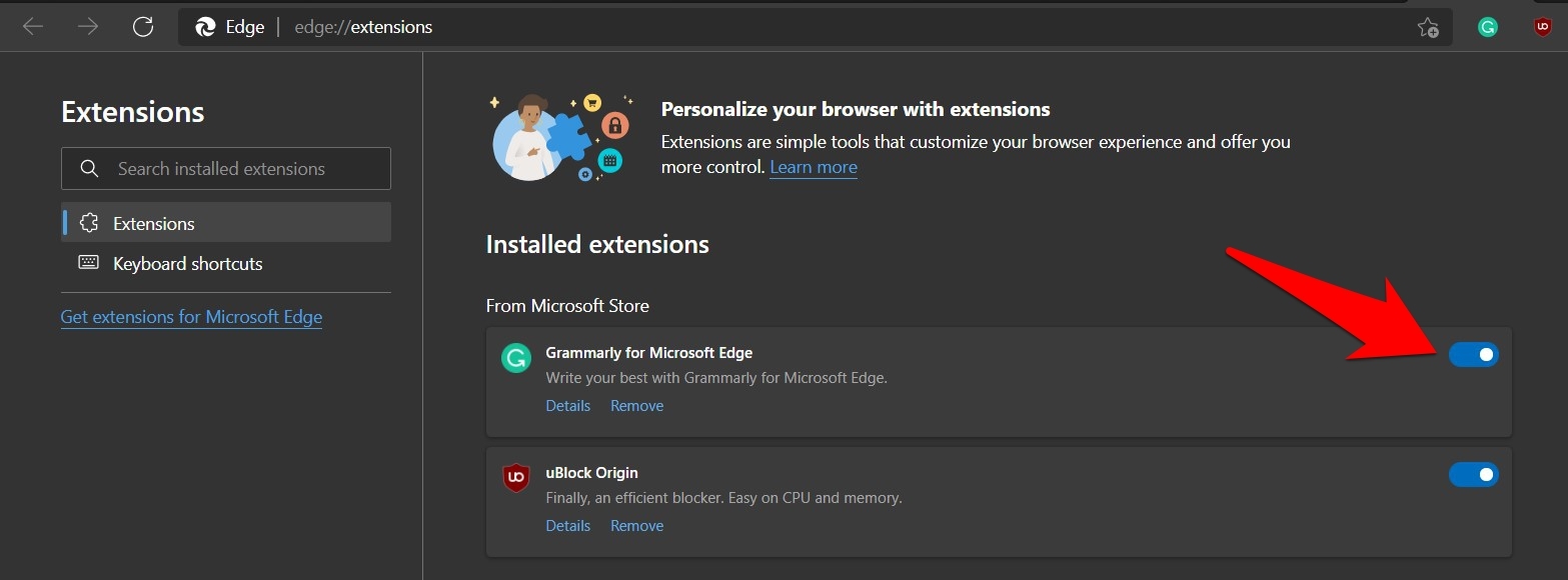 Disable the Microsoft Edge extensions