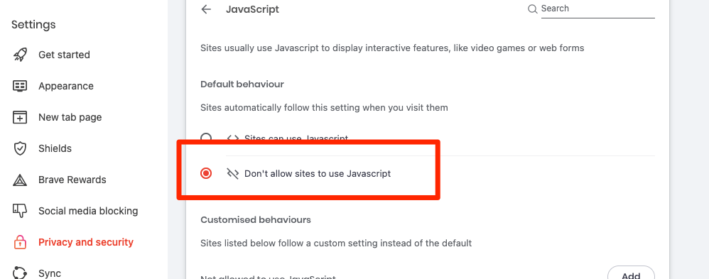 Dont allow sites to use Javascript on Brave computer browser