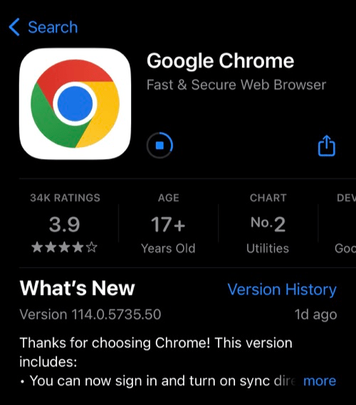 Download and install latest Chrome app version from App Store on iPhone