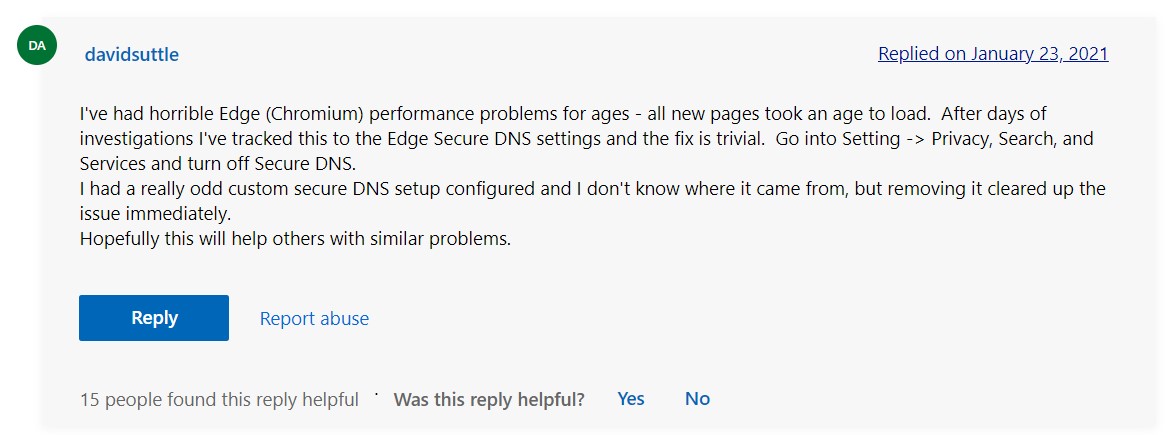 Edge user suggestion to turn off Secure DNS to improve Edge performance