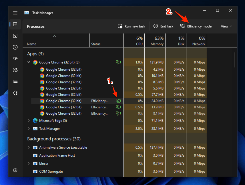 Efficiency Mode command button in Task Manager for Chrome browser