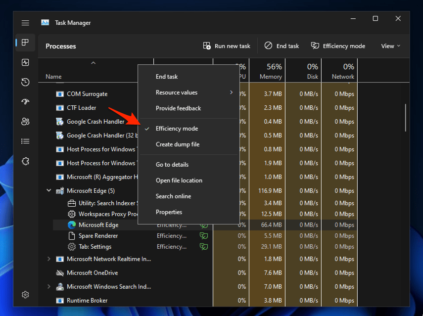 Efficiency Mode context menu option for Microsoft Edge in Windows Task Manager