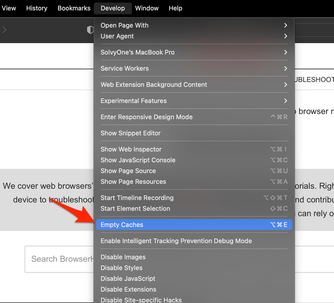 Empty Caches in Safari under Develop menu on menu bar