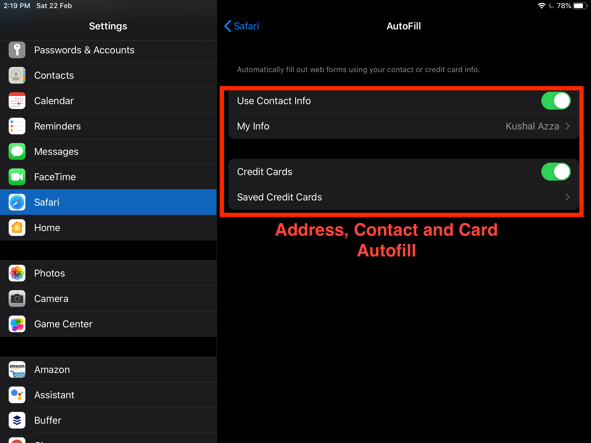 Enable Autofill for Card and Contact Address