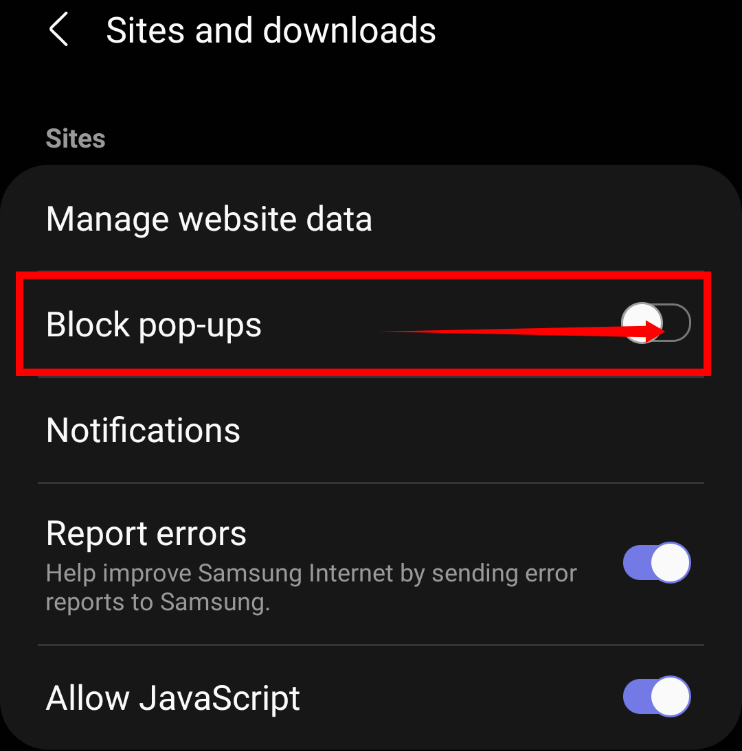 Enable Block Pop-ups option on Samsung Internet