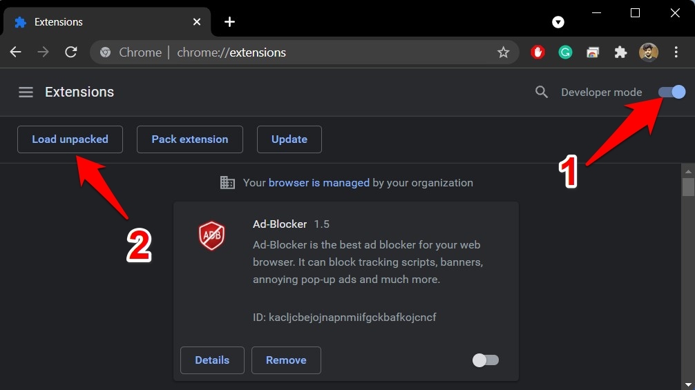 Enable Extensions Developer Mode in Chrome Browser and Add Local Unpacked Extension folder