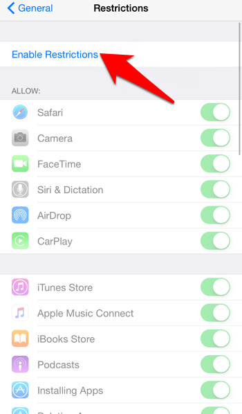 Enable Restriction option in iOS