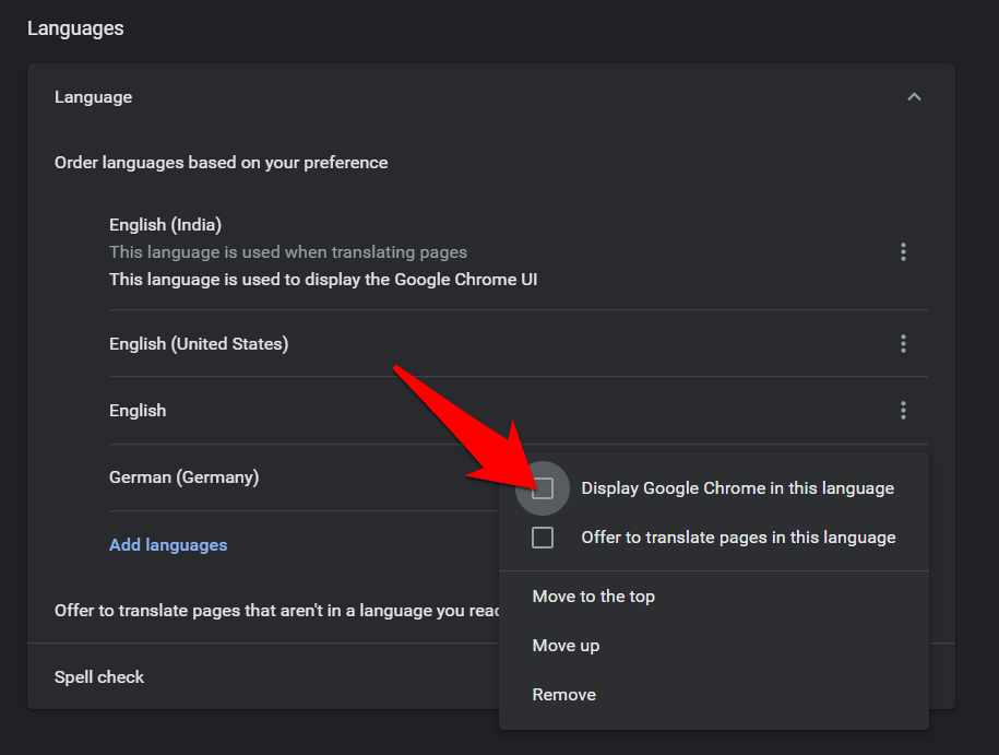 Enable option for Display Google chrome in this language