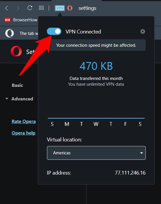 Enable or Disable Opera VPN toggle