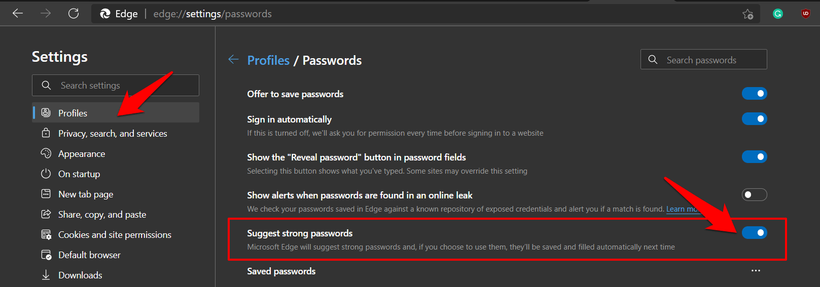 Enable toggle for strong password suggestion in Edge