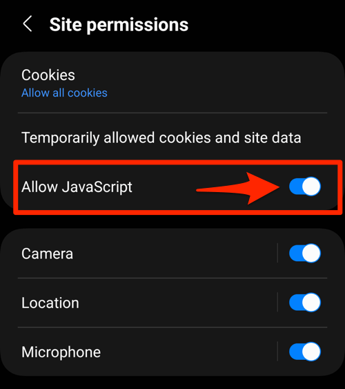 Enable Allow JavaScript toggle button in Samsung Internet