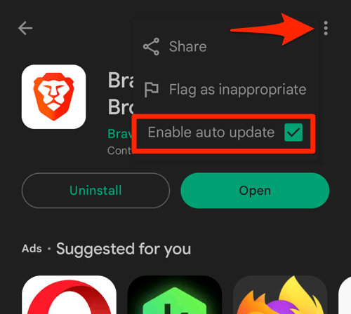 Enable Auto Update Brave app in Play Store