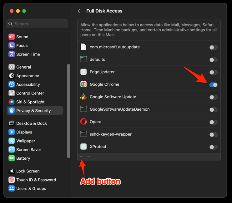 Enable Full Disk Access to Google Chrome app on macOS