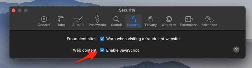 Enable JavaScript option in Safari on macOS