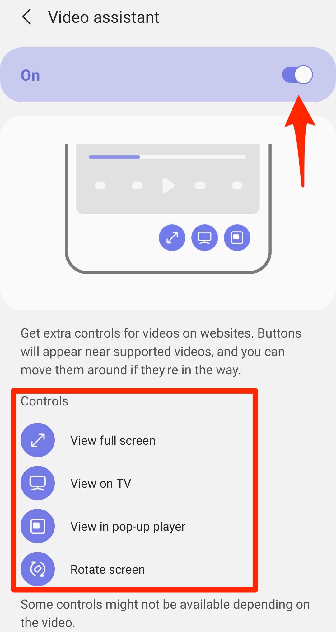 Enable Video assistant and controls on Samsung Internet