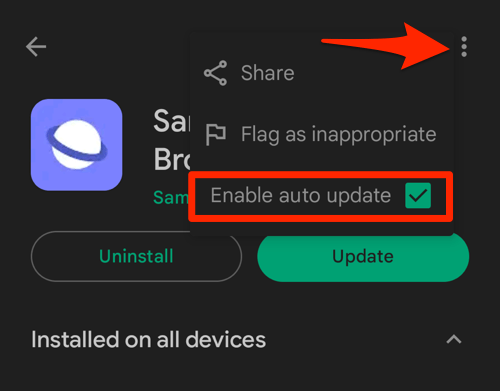 Enable auto update for Samsung Internet in Android Play Store