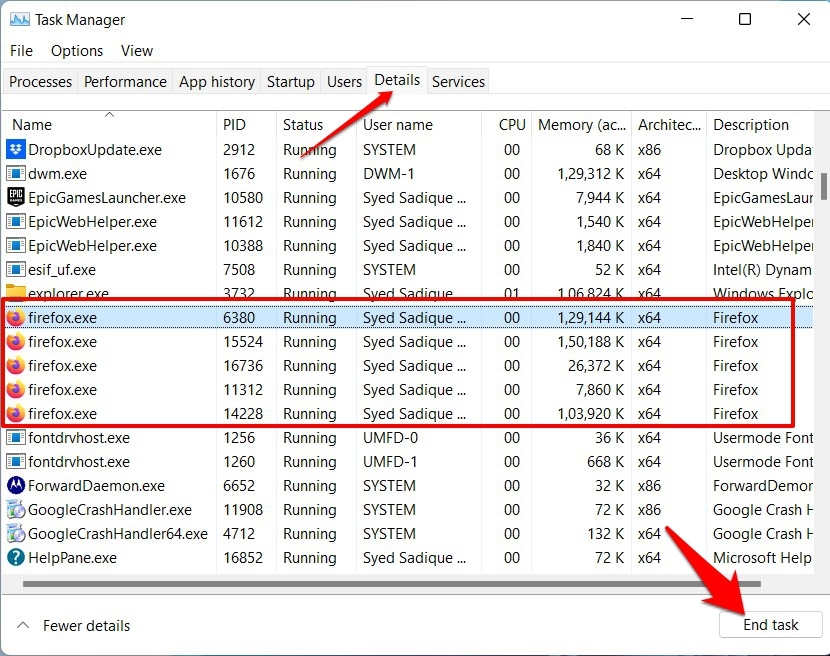 End Mozilla Firefox running process from Task Manager Details tab