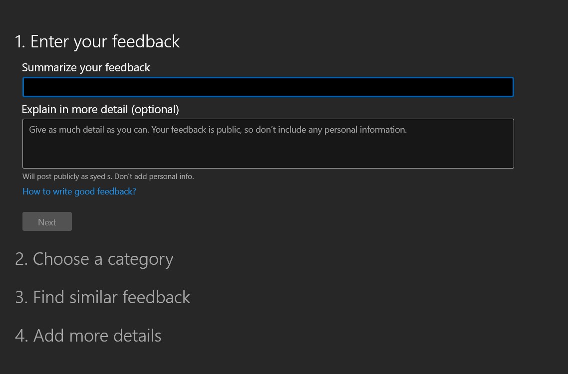 Enter Feedback and Details within Windows Feedback Hub for Edge browser