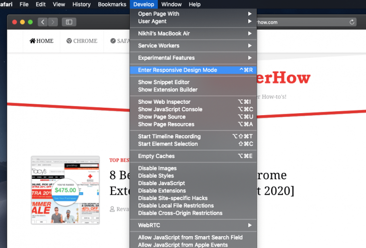 How to View Mobile Site Layout in Safari browser on Mac
