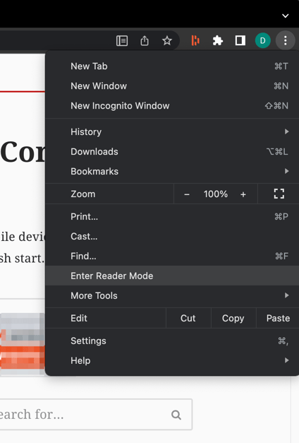 Enter Reader Mode menu option in Chrome browser