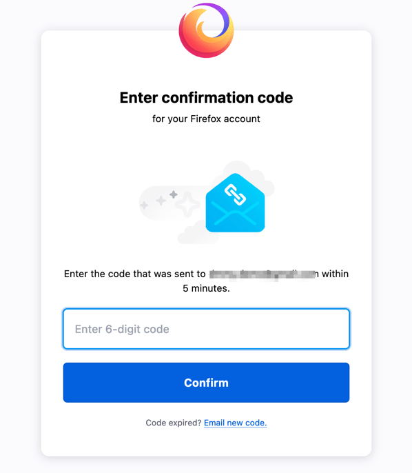 Enter confirmation code for Firefox account