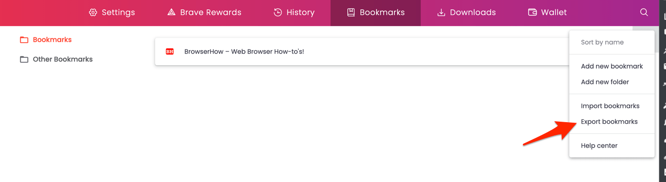 Export Bookmarks option in Brave browser Bookmarks Manager