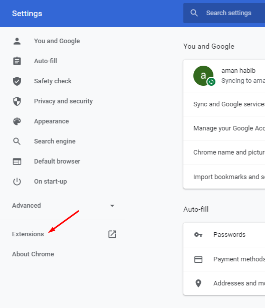 Extensions Tab under the Chrome Settings Window