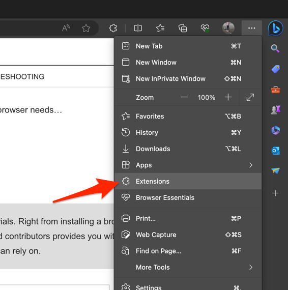 Extensions menu in Edge on Computer