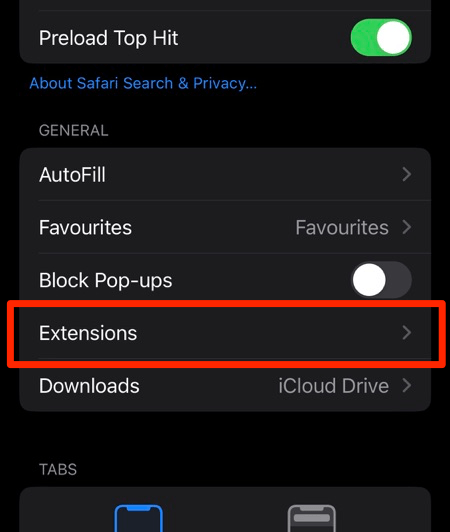 Extensions menu in Safari on iPhone Settings screen