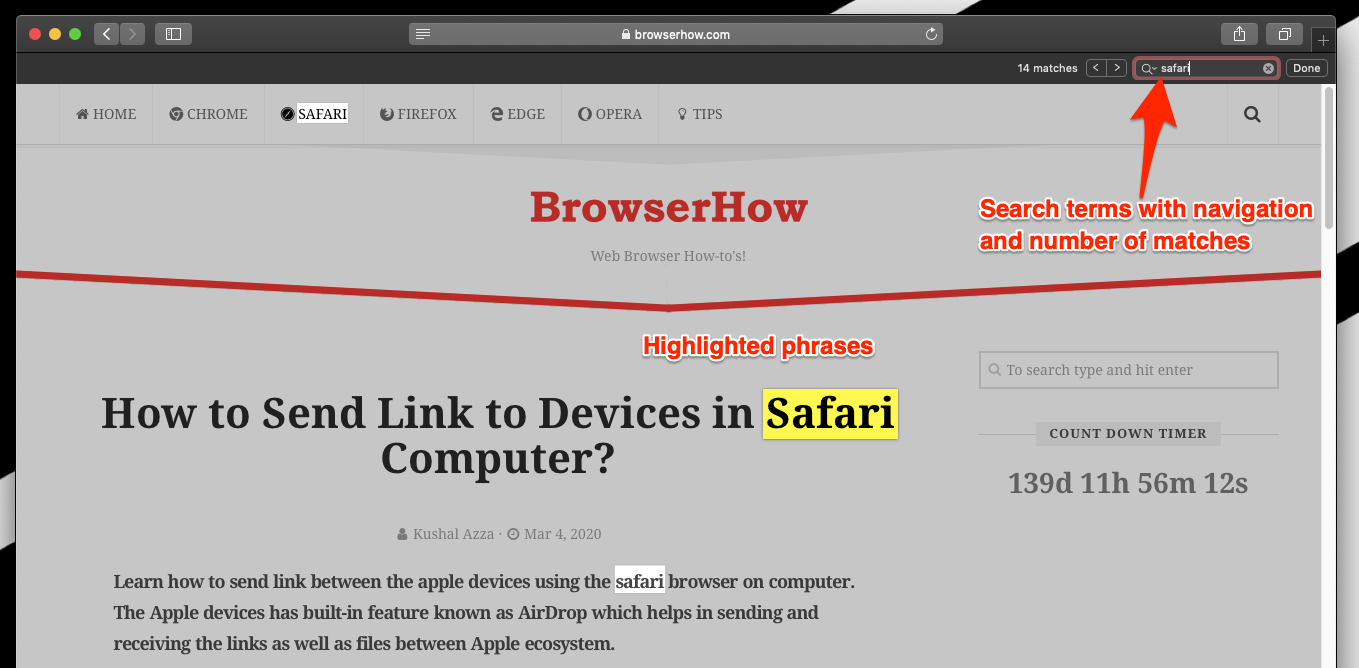 Find on page bar and matches on safari browser mac computer